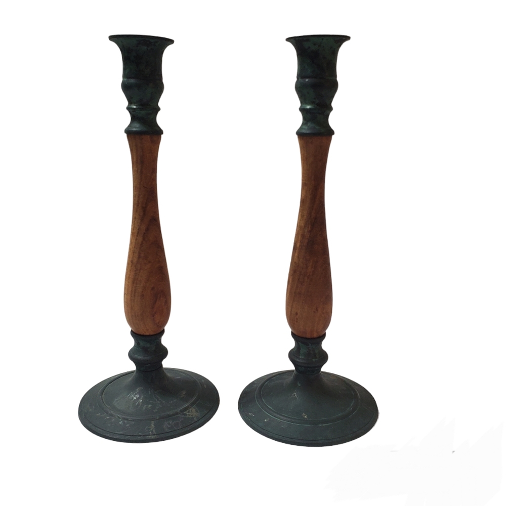 Vintage Pier 1 India Wood Metal Distressed Tapered Farmhouse Candle Holders